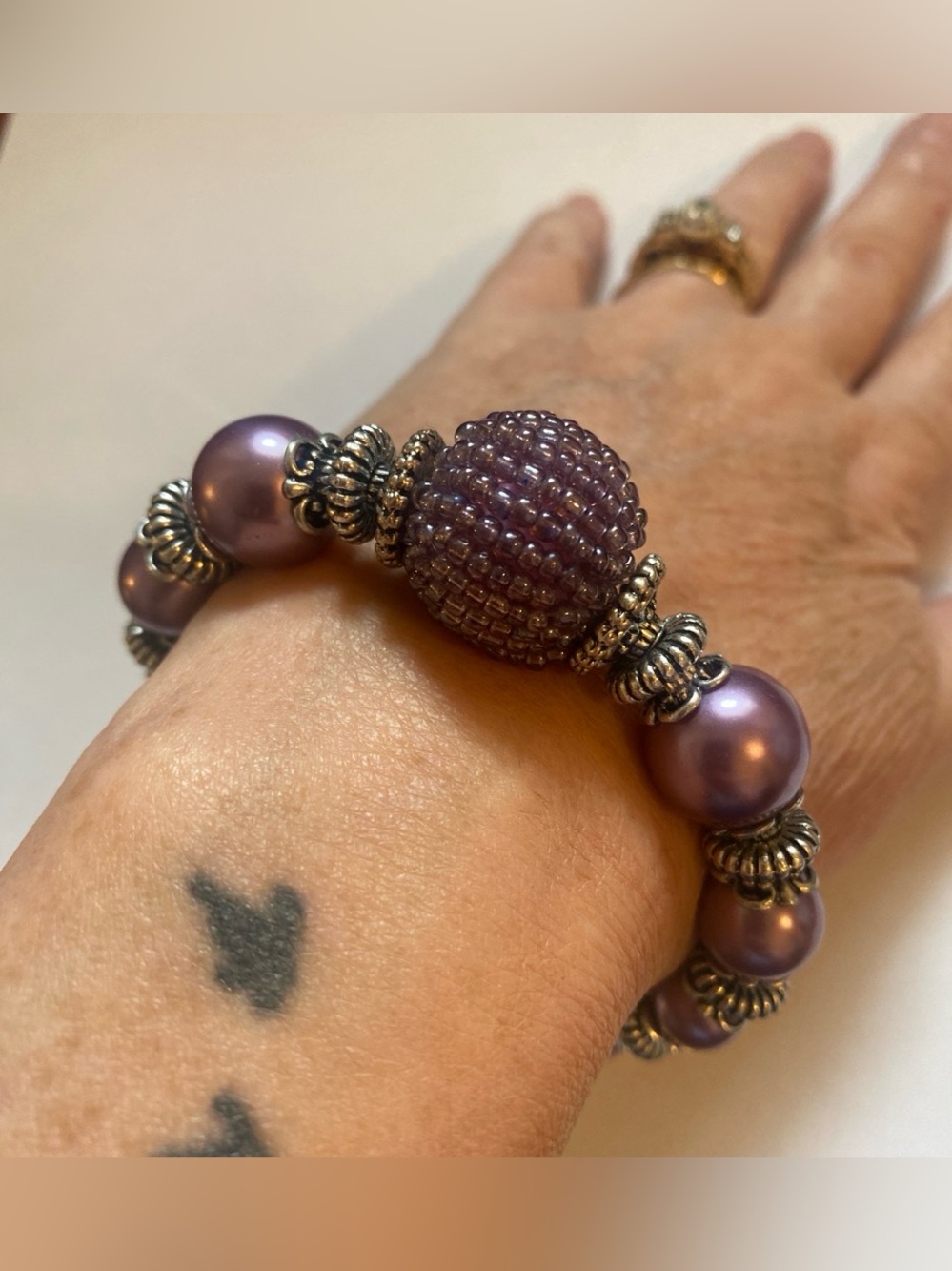 Purple Beaded Stretch Bracelet with Silver Accents